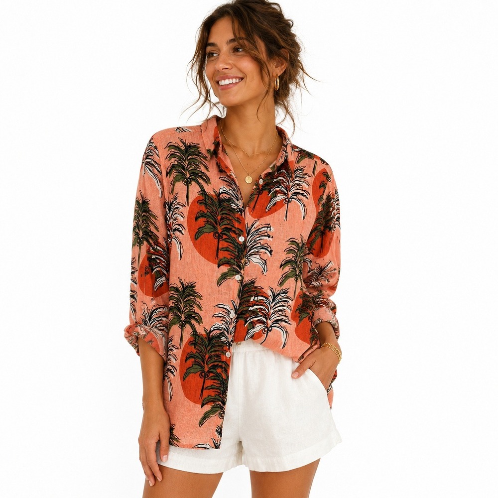 Nicole Miller Linen Button Up Shirt L Peach Tropical Palm Coastal Euro Resort